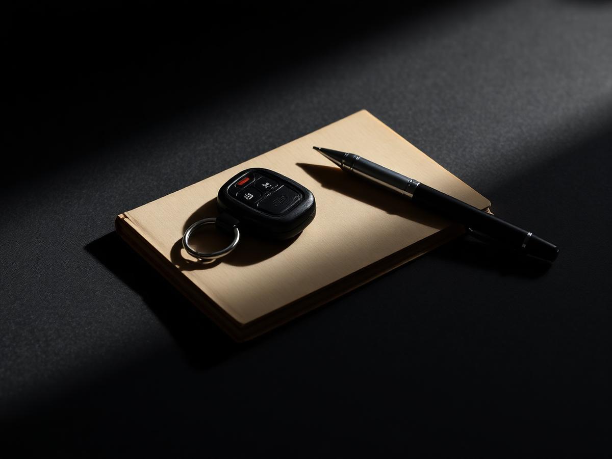 Car key fob resting on a service logbook beside a pen