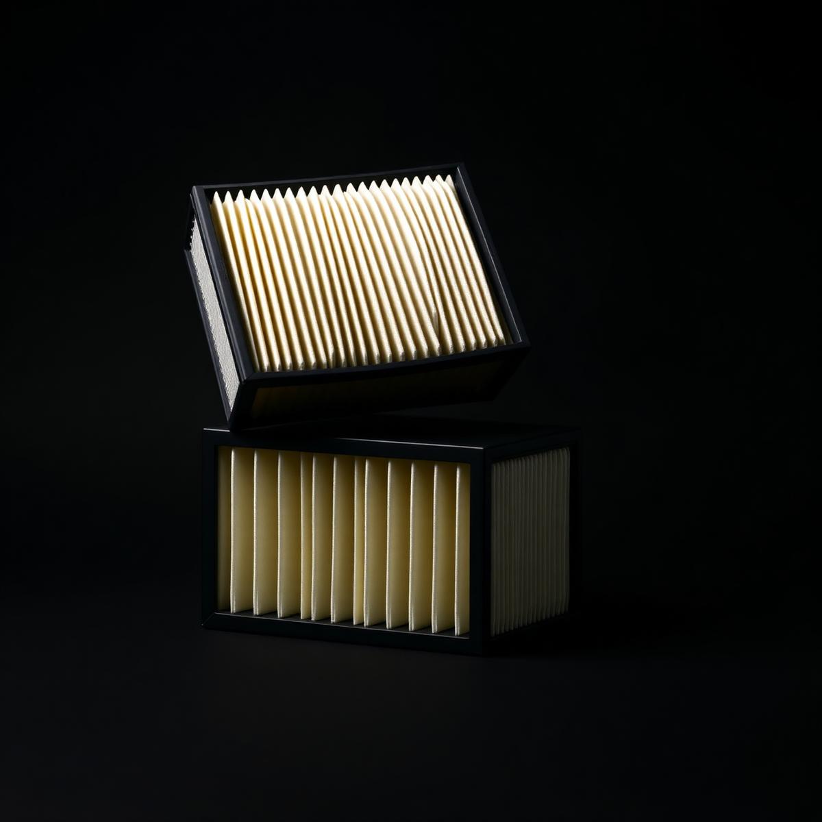 Engine and cabin air filters stacked on a dark surface