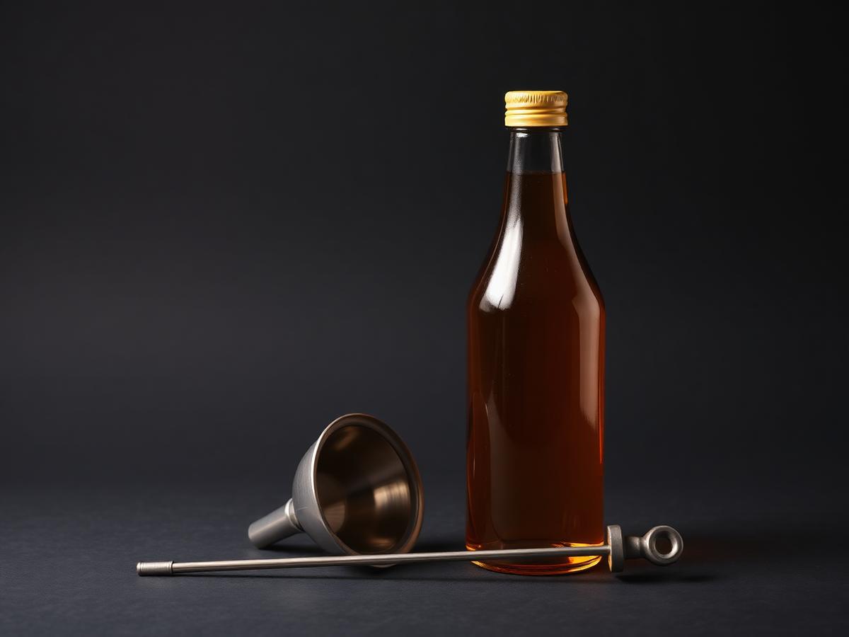 Bottle of motor oil with a funnel and dipstick on a dark surface