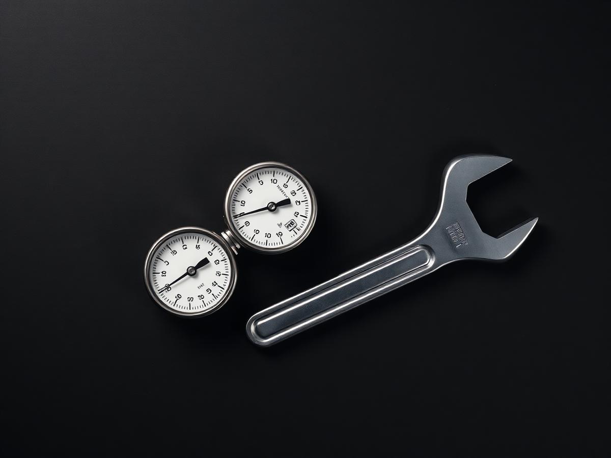 Tire pressure gauge and wrench arranged on a dark surface